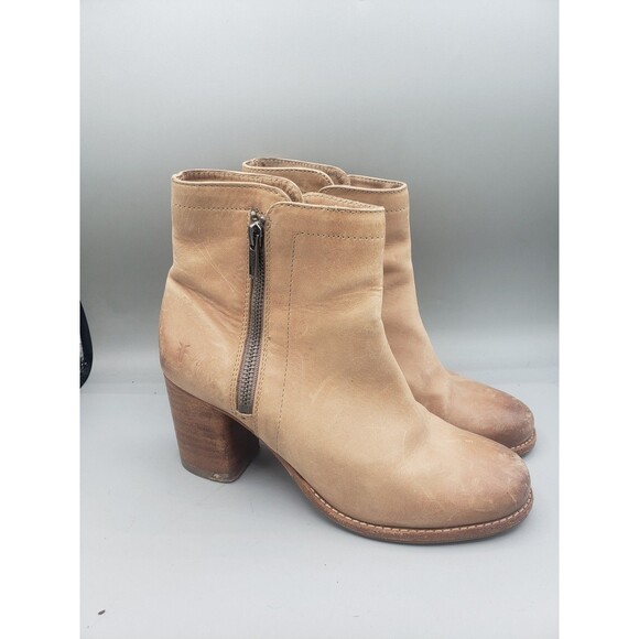 Frye Addie Women Ankle Boots Double Zip Leather Bootie Taupe Stone Heel Sz 7 B - Picture 1 of 15